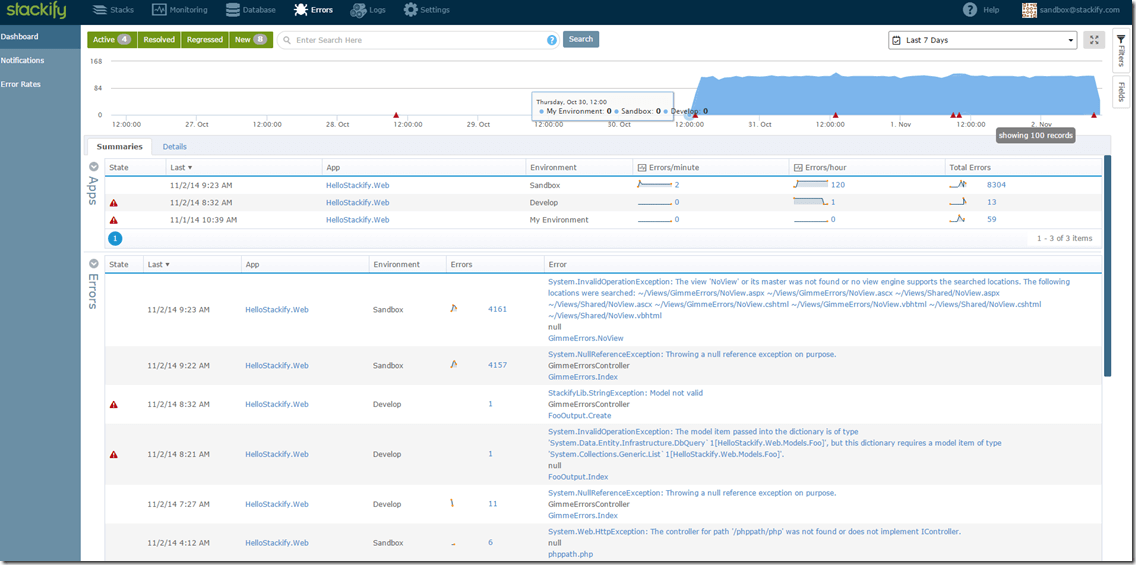 Screenshot of Retrace Errors dashboard - consolidated view