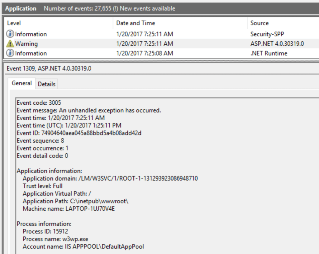 iis error logs in eventlog