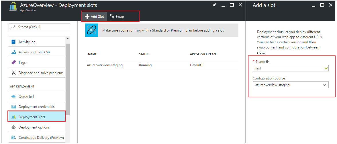 Creating Azure deployment slots