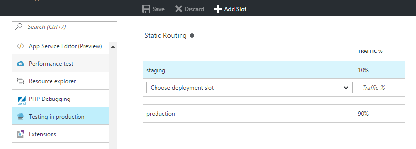 Door computer gegenereerde alternatieve tekst: Search (Ctrl +1) App Service Editor (P reviev•) Performance test Resource explorer pep Debugging Testing in production Extensions Save X Disca rd Static Routing O Choose deployment slot Add Slot TRAFFIC Traffic % 