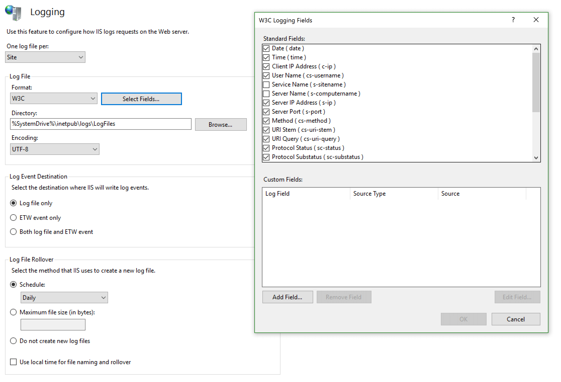 Configure IIS Logs format