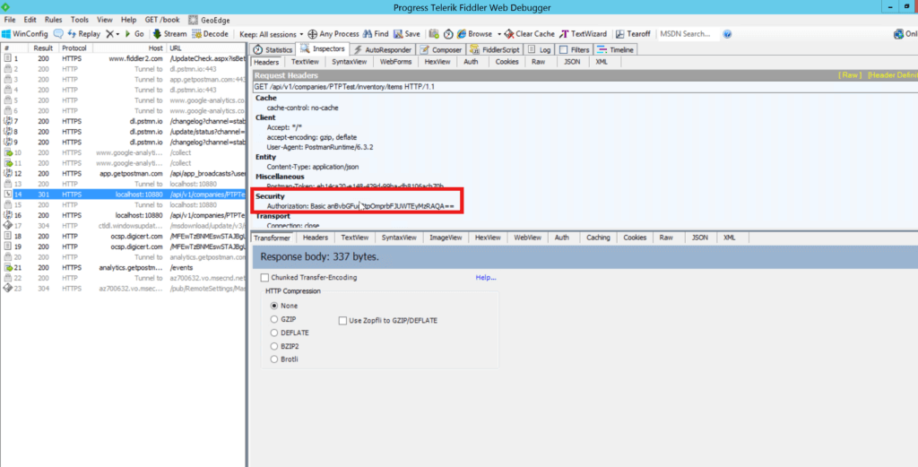 Fiddler showing the token being passed across the network connection