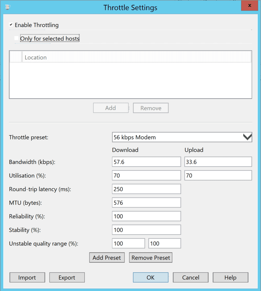 Charles limits the bandwidth to a 56.6k modem. 