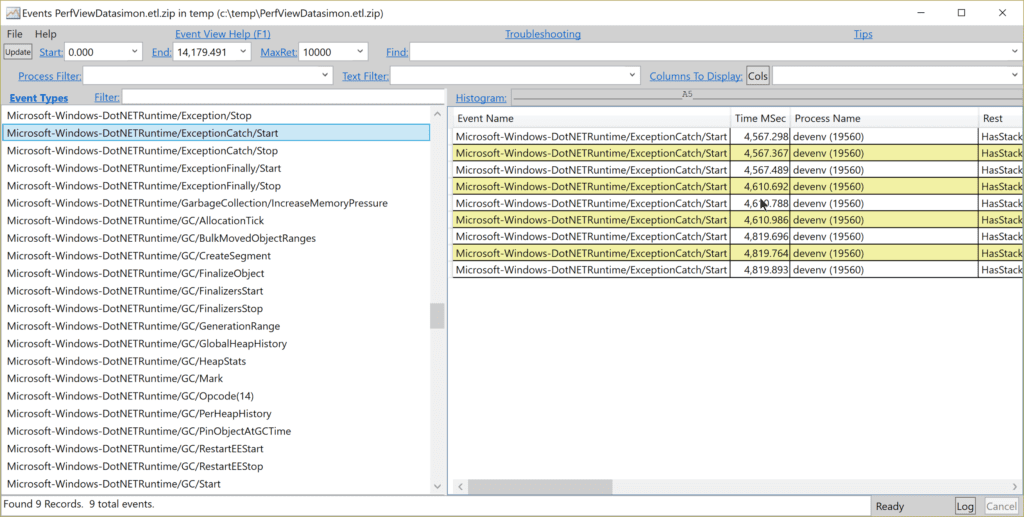 PerfView showing 9 exceptions throw and caught by Visual Studio