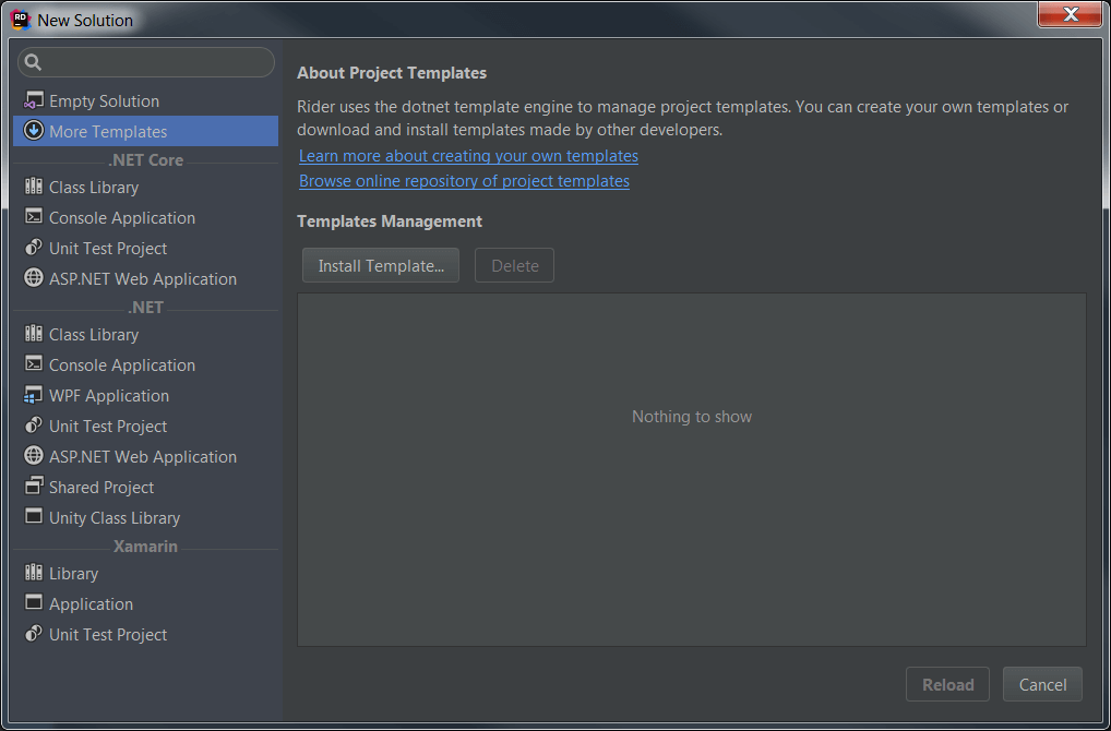 Rider offers several project templates for .NET, .NET Core, Unity and Xamarin projects, which are roughly identical to what you get with Visual Studio: