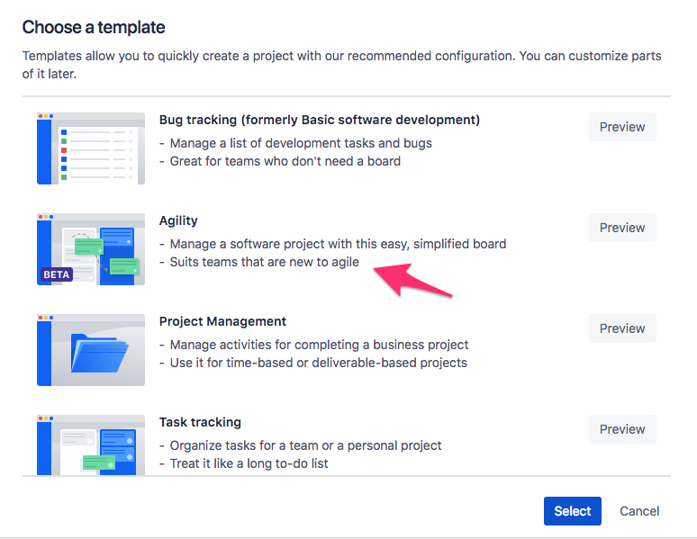 the agility template for jira is a new option