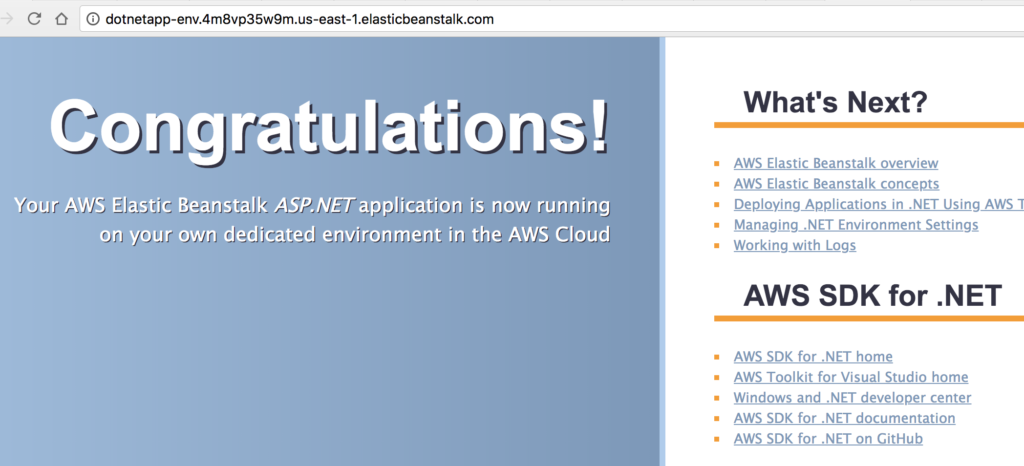 Creating a .NET Application in AWS Beanstalk - Screenshot of finished step