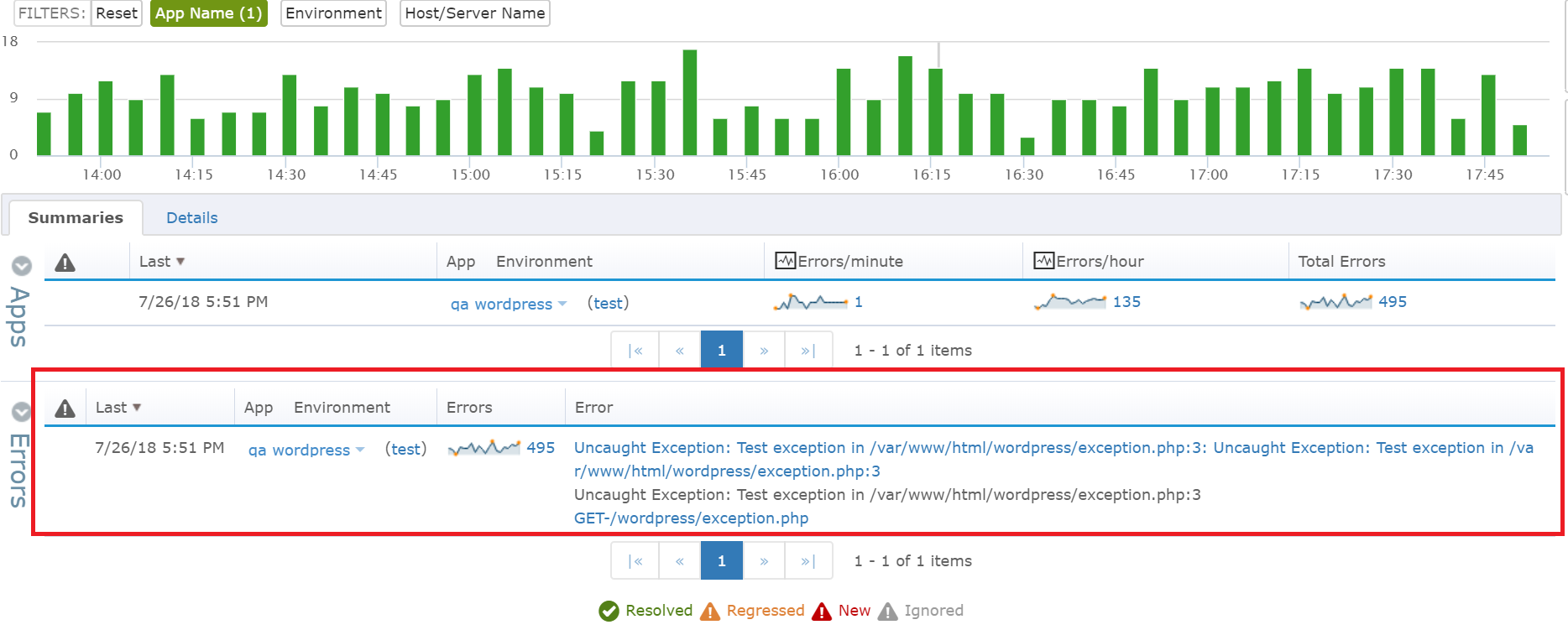 Retrace automatically de-duplicates your PHP exceptions and makes it easy to see what unique exceptions are occurring, how long they have been happening, and much more.