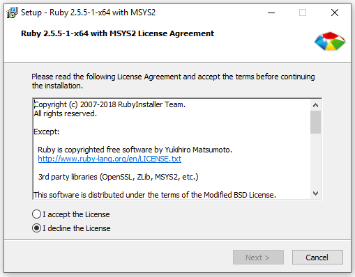 Ruby Install Windows License Agreement