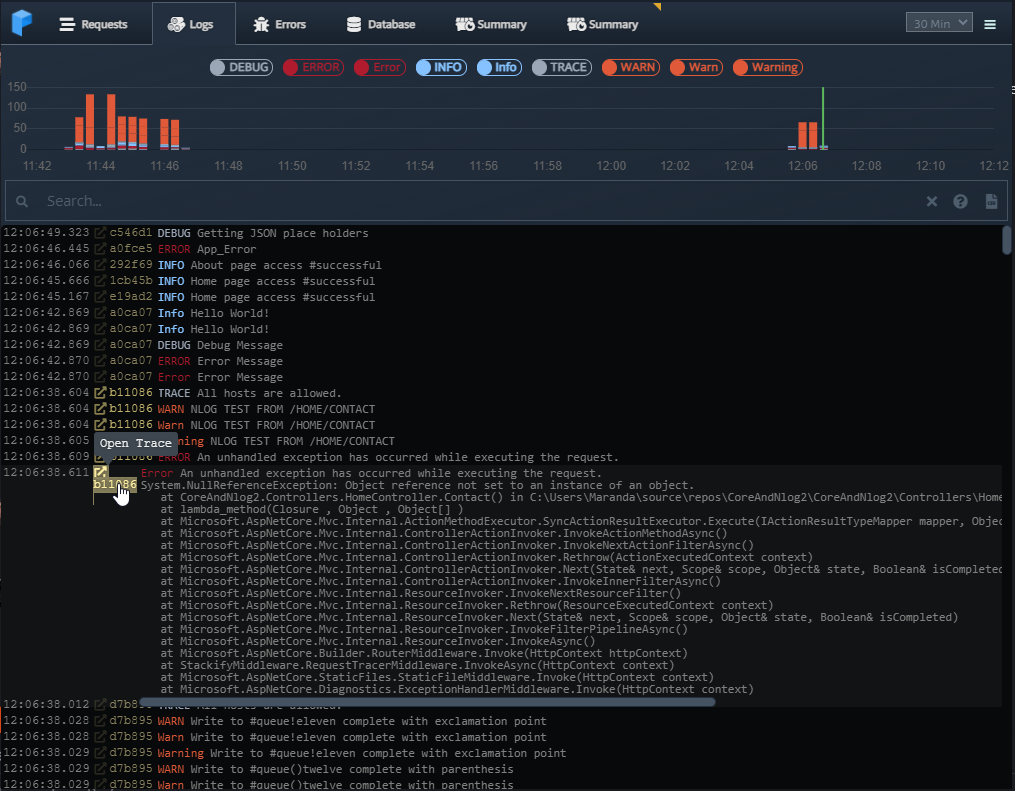 screenshot of logs dashboard in Prefix