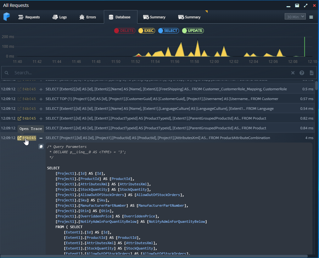 screenshot of SQL queries and code tracing in Prefix