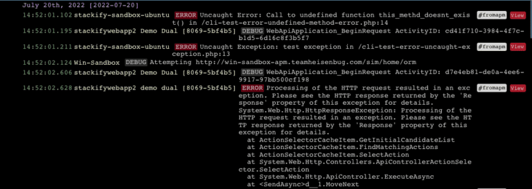 Screenshot of error trace
