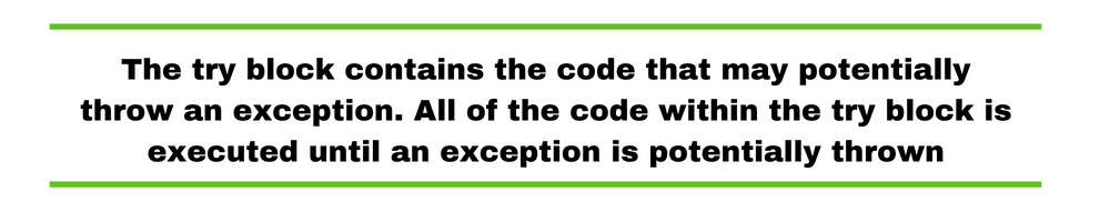 The try block contains the code that may potentially throw an exception. All of the code within the try block is executed until an exception is potentially thrown