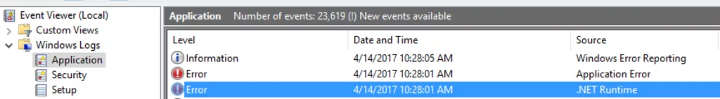 The Windows Event Viewer might log two entries for the same exception: one as a .NET Runtime error and another as a generic Windows Application Error.